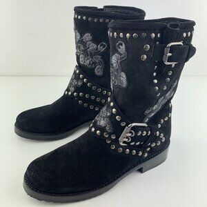 Womens‎ Frye Boots Size 6.5 Nat Flower Engineer Black Italian Leather Suede